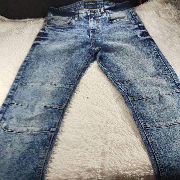 WT02 Acid Wash Denim Jeans Men's 32x30(29) Stretch Faux Double Knee Blue........ - Picture 10 of 14